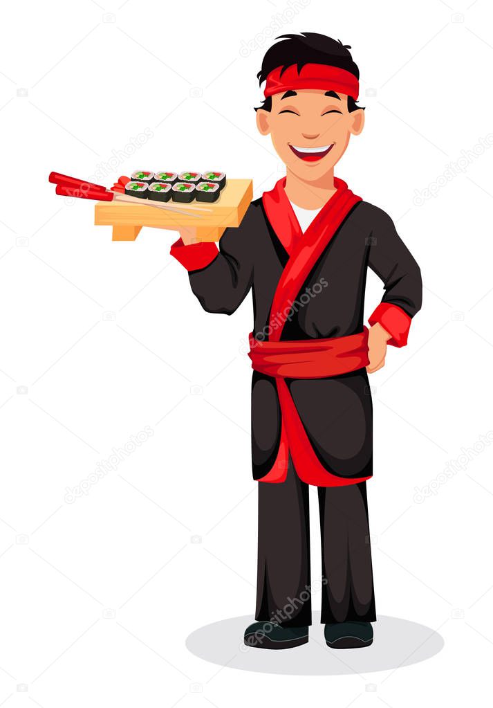 Japanese chef cooking sushi rolls. Handsome cartoon character holding wooden tray with sushi rolls. Vector illustration