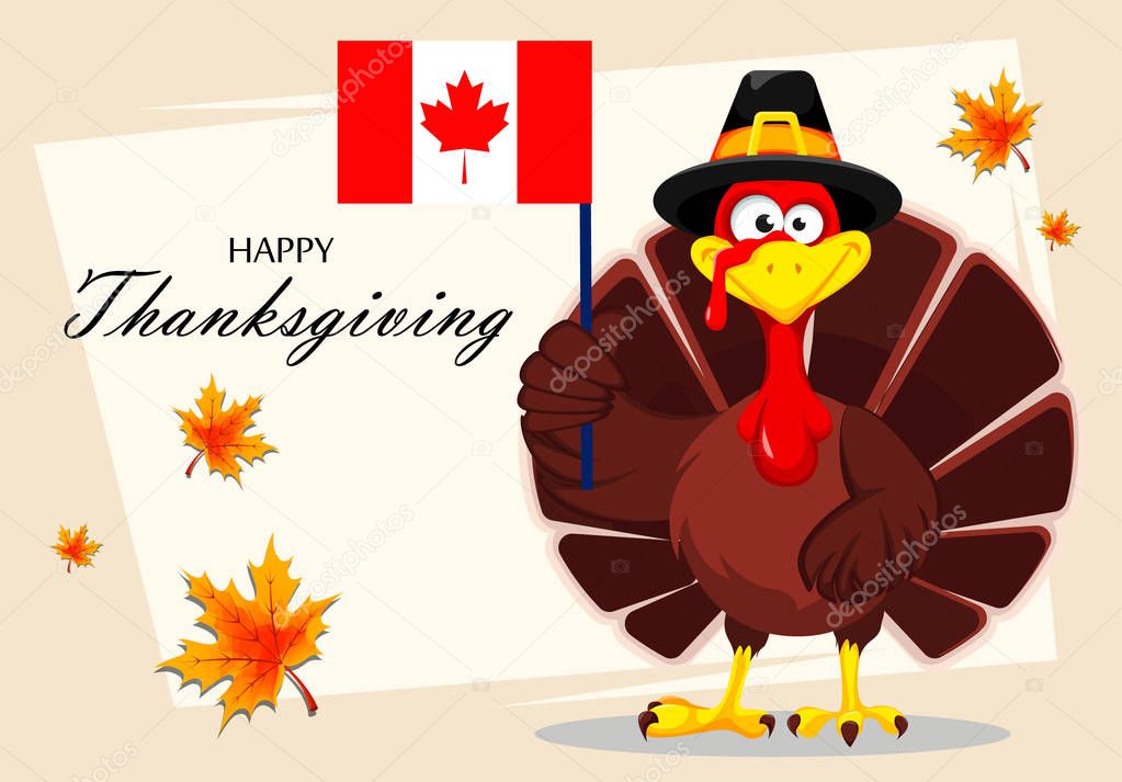 Happy Thanksgiving, greeting card, poster or flyer for holiday. Thanksgiving turkey holding Canadian flag. Vector illustration on abstract light background
