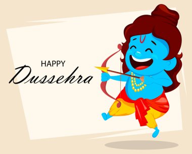 Tanrı Rama ok ve yayla. Komik çizgi film karakteri Navratri festival Hindistan için. Vektör çizim için tebrik kartı, poster ya da davet. 