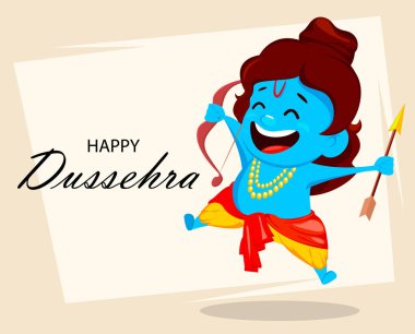 Tanrı Rama ok ve yay ile atlama. Komik çizgi film karakteri Navratri festival Hindistan için. Vektör çizim için tebrik kartı, poster ya da davet.