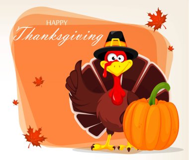 Şükran günü tebrik kartı hacı şapka ve kabak duran Türkiye kuş. Vektör çizim akçaağaç yaprakları ile ışık arka plan üzerinde.