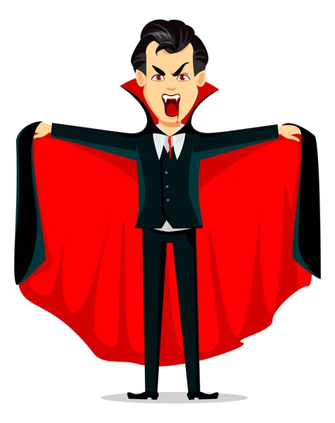Χαρούμενο Χελοουγουίν Βρικόλακα Χαρακτήρα Κινουμένων Σχεδίων Φορώντας Μαύρο Και Κόκκινο — Διανυσματικό Αρχείο