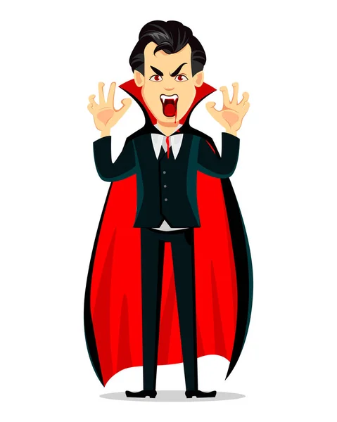 Happy Halloween Vampire Cartoon Character Wearing Black Red Cape Making — Stock Vector