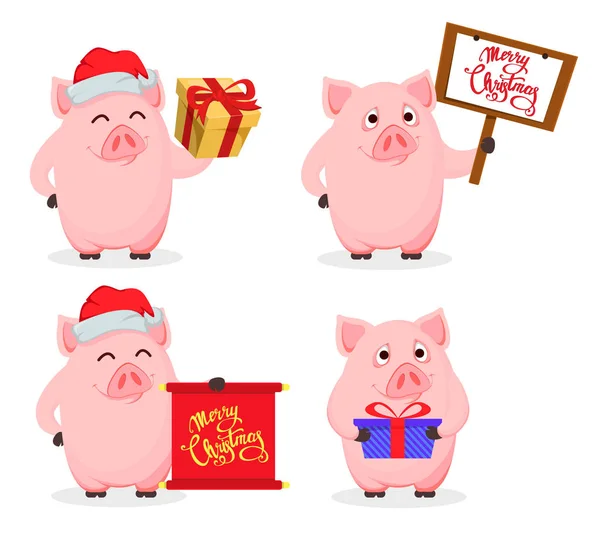 Frohe Weihnachten Grußkarte Mit Niedlichen Cartoon Schwein Das Symbol Des — Stockvektor
