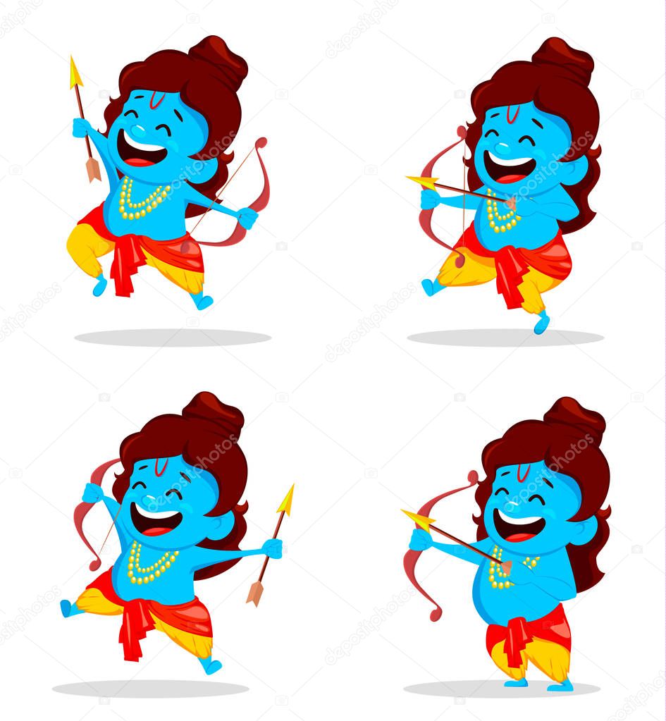 Lord Rama with bow and arrow, set of four poses. Funny cartoon character for Navratri festival of India. Vector illustration. 