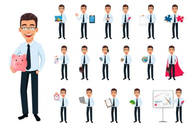 İş adamı, küme on sekiz teşkil etmektedir. Çizgi film karakteri ile farklı şeyler. Office stili kıyafetler - hisse senedi vektör genç yakışıklı gülümseyen iş adamı