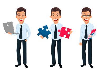İş adamı, üç pozlar ayarla. Karikatür karakter holding dizüstü bilgisayar, 2 adet bulmaca ve belgeleri tutan. Office stili kıyafetler - hisse senedi vektör genç yakışıklı gülümseyen iş adamı