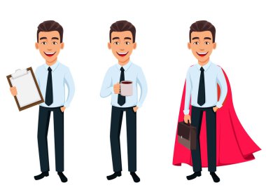 İş adamı, üç pozlar ayarla. Çizgi film karakteri holding Pano, kahve koşullarının ve süper kahraman pelerin giyiyor. Office stili kıyafetler - hisse senedi vektör genç yakışıklı gülümseyen iş adamı