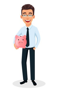 İş adamı karikatür karakter holding şirin kumbara. Office stili kıyafetler - hisse senedi vektör genç yakışıklı gülümseyen iş adamı