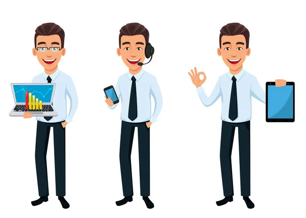 Homem Negócios Conjunto Três Poses Personagem Desenhos Animados Segurando Laptop — Vetor de Stock