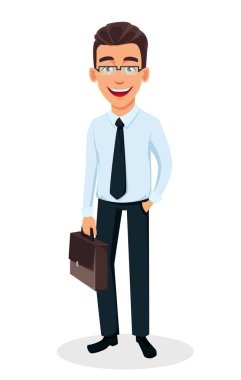 İş adam çizgi film karakteri holding bavul. Office stili kıyafetler - hisse senedi vektör genç yakışıklı gülümseyen iş adamı
