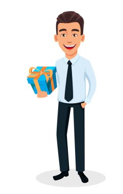İş adam çizgi film karakteri hediye kutusu tutarak. Office stili kıyafetler - hisse senedi vektör genç yakışıklı gülümseyen iş adamı