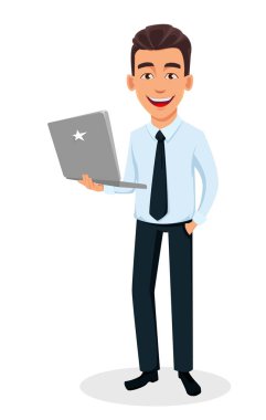 İş adam çizgi film karakteri modern dizüstü tutarak. Office stili kıyafetler - hisse senedi vektör genç yakışıklı gülümseyen iş adamı