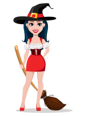 Cadılar Bayramınız Kutlu Olsun. Seksi cadı güzel elbise ve şapka. Sevimli çizgi karakter holding süpürge. Beyaz arka plan üzerinde vektör çizim.