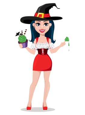 Cadılar Bayramınız Kutlu Olsun. Seksi cadı güzel elbise ve şapka. Sevimli çizgi film karakteri holding sihirli pasta. Beyaz arka plan üzerinde vektör çizim.
