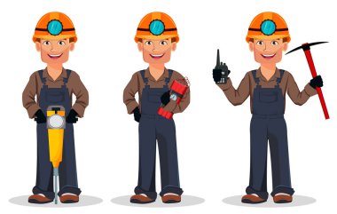 Madenci adam, maden işçisi, üç pozlar ayarlayın. Jackhammer holding, dinamit holding ve kazma tutmak yakışıklı çizgi film karakteri. Vektör çizim