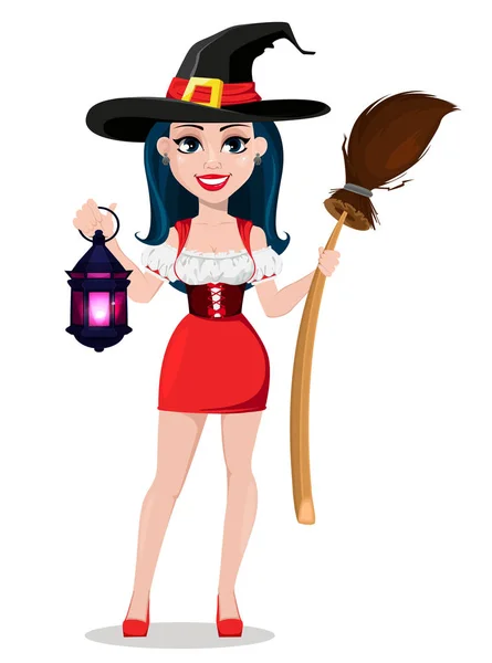 Feliz Halloween Bruja Sexy Hermoso Vestido Sombrero Lindo Personaje Dibujos — Archivo Imágenes Vectoriales