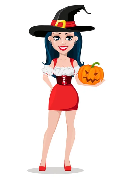 Fröhliches Halloween Sexy Hexe Schönem Kleid Und Hut Niedliche Cartoon — Stockvektor