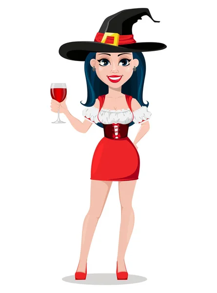 Feliz Halloween Bruja Sexy Hermoso Vestido Sombrero Lindo Personaje Dibujos — Archivo Imágenes Vectoriales