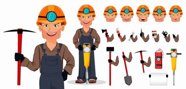 Miner Man Werknemer Van Mijnbouw Knappe Stripfiguur Set Van Apparatuur — Stockvector