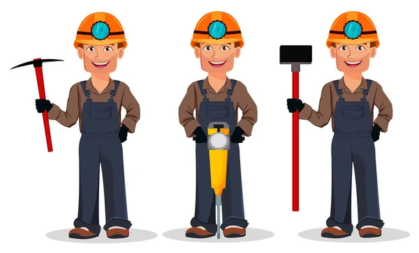 Miner Man Mining Worker Set Three Poses Handsome Cartoon Character — Stock Vector