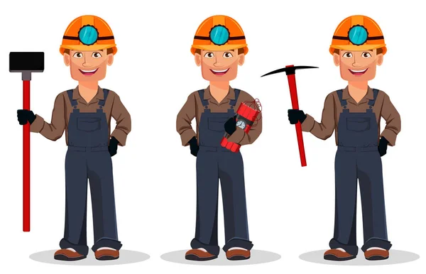 Hombre Minero Trabajador Minero Conjunto Tres Poses Guapo Personaje Dibujos — Vector de stock