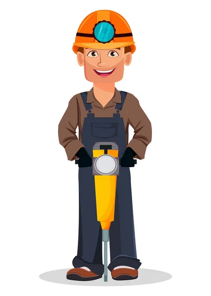 Hombre Minero Trabajador Minero Guapo Personaje Dibujos Animados Sosteniendo Martillo — Vector de stock