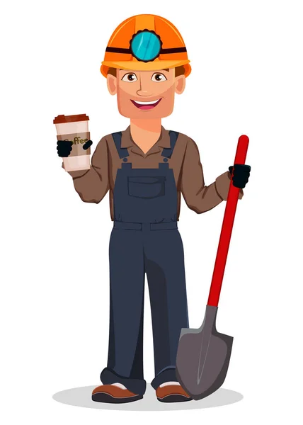 マイナー男は 鉱山労働者 ハンサムな漫画のキャラクターは シャベルとコーヒーを保持しています 白の背景にベクトル画像 — ストックベクタ