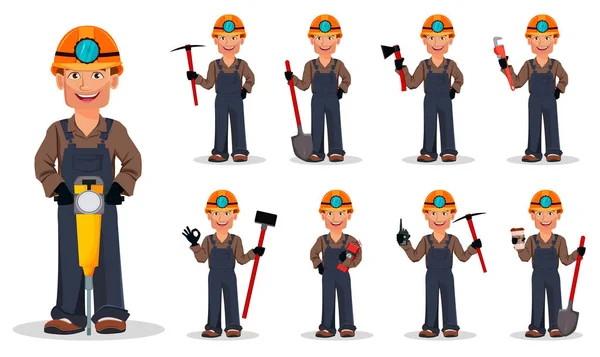 マイナー男 鉱山労働者は ポーズの設定します ハンサムな漫画のキャラクター 白の背景にベクトル画像 — ストックベクタ