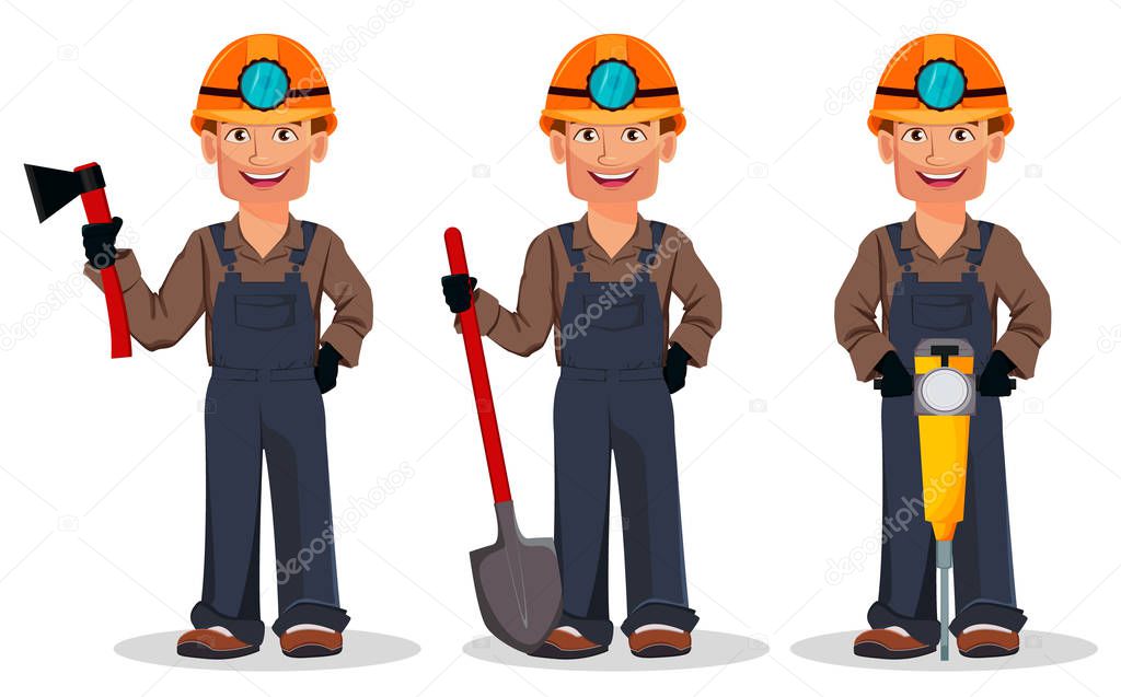 Miner man, mining worker, set of three poses. Handsome cartoon character holding axe, holding shovel and holding jackhammer. Vector illustration