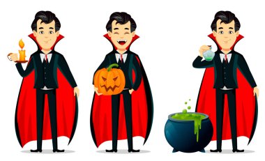 Cadılar Bayramınız Kutlu Olsun. Siyah ve kırmızı pelerin giyen vampir çizgi film karakteri. Kabak tutarak ve iksir hazırlama yanan mum tutan üç pozlar kümesi. Vektör çizim