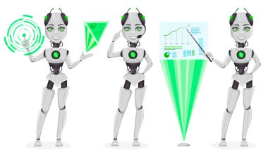 Yapay zeka, kadın bot, üç pozlar kümesi ile robot. İyi bir fikir sahip ve holografik infographics gösteren sevimli çizgi film karakteri. Gelecekteki kavramı. Vektör çizim