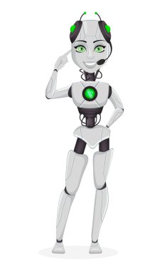 Yapay zeka, kadın bot robot. Sevimli çizgi karakter başına işaret. İnsansı sibernetik organizma. Gelecekteki kavramı. Vektör çizim
