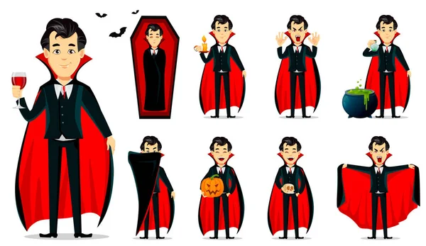 Vrolijke Halloween Vampier Tekenset Cartoon Dragen Zwarte Rode Cape Van — Stockvector