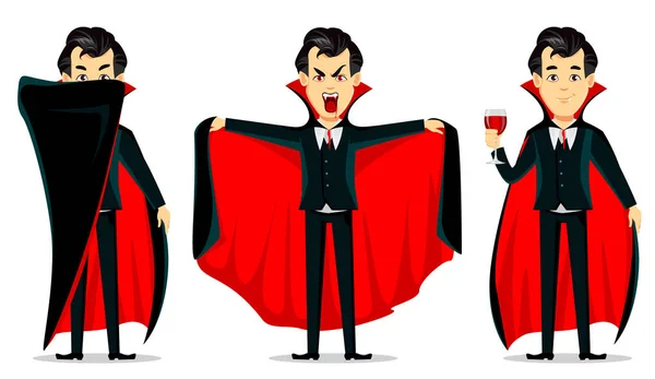 Buon Halloween Vampiro Personaggio Dei Cartoni Animati Indossa Mantello Nero — Vettoriale Stock