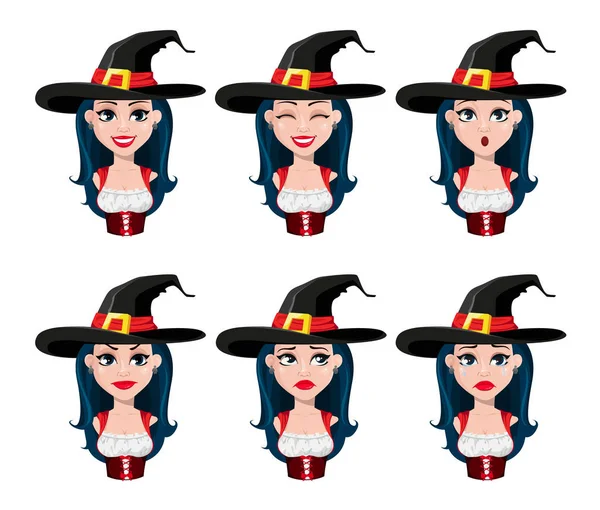 Fröhliches Halloween Gesichtsausdrücke Der Sexy Hexe Wunderschönem Kleid Und Hut — Stockvektor