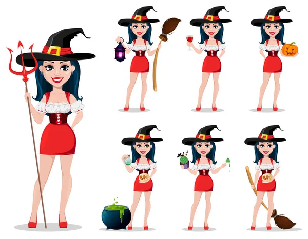 楽しいハロウィンをお過ごし下さい 美しいドレスと帽子でセクシーな魔女は ポーズのセット かわいい漫画のキャラクター ベクトル図 — ストックベクタ