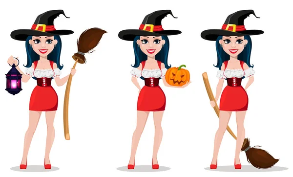 Happy Halloween Sexy Witch Beautiful Dress Hat Set Three Poses — Stock Vector
