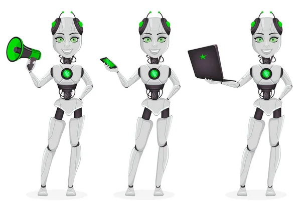 Robô Com Inteligência Artificial Robô Fêmea Conjunto Três Poses Personagem —  Vetores de Stock
