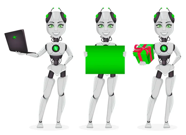 つのポーズのセット 女性のボットは 人工知能を持つロボット かわいい漫画のキャラクターのラップトップを保持している プラカードを持って ギフト ボックスを保持します 近未来的なコンセプト ベクトル図 — ストックベクタ