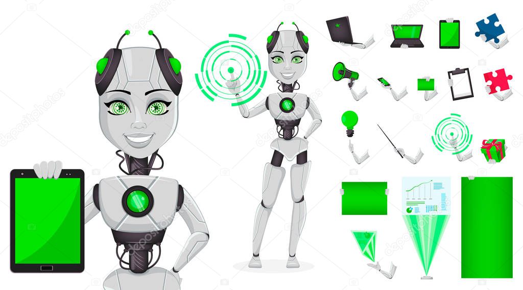 Robot with artificial intelligence, female bot, character creation set, pack of body parts, emotions and things. Cartoon character. Build your personal design. Future concept. Vector Illustration
