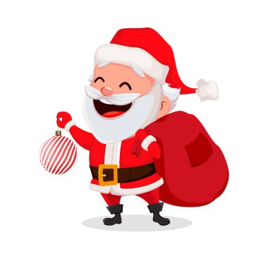 Mutlu Noeller. Komik Noel Baba. Noel ağacı topu tutan neşeli çizgi film karakteri. Tebrik kartı, afiş, poster, el ilanı, etiket veya etiket için kullanılabilir. Vektör çizim. 