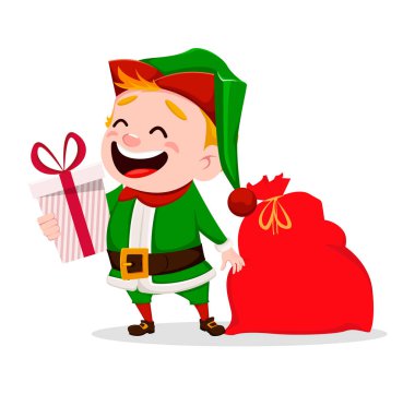 Mutlu Noeller. Komik Noel Baba yardımcı. Neşeli şirin elf. Çizgi film karakteri hediye kutusu ve torba tutarak. Tebrik kartı, afiş, poster, el ilanı, etiket veya etiket için kullanılabilir. Vektör çizim.