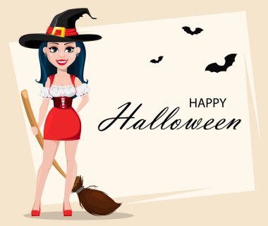 Cadılar Bayramınız Kutlu Olsun. Seksi cadı güzel elbise ve şapka ile tebrik kartı. Sevimli çizgi film karakteri holding sihirli süpürge. Vektör çizim