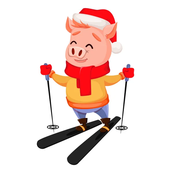 圣诞快乐 可爱的猪穿着圣诞老人的帽子和围巾 欢快滑稽的卡通人物滑雪 矢量插图 — 图库矢量图片