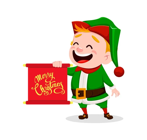 メリークリスマス 面白いサンタ クロース ヘルパー 陽気なかわいいエルフ 漫画文字保持スクロールの挨拶で グリーティング カード バナー ポスター — ストックベクタ
