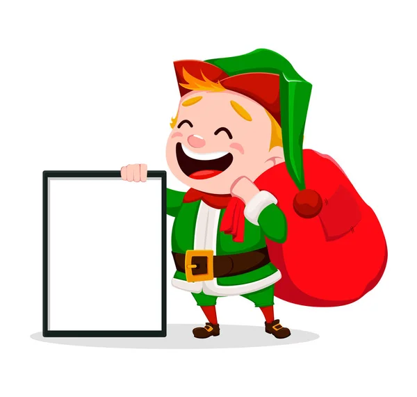 圣诞快乐 滑稽的圣诞老人帮手 欢快可爱的精灵 卡通人物持有空白框和袋 可用于贺卡 标签或标签 矢量插图 — 图库矢量图片