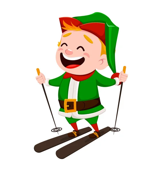 Feliz Navidad Funny Santa Claus Ayudante Alegre Elfo Lindo Esquí — Vector de stock