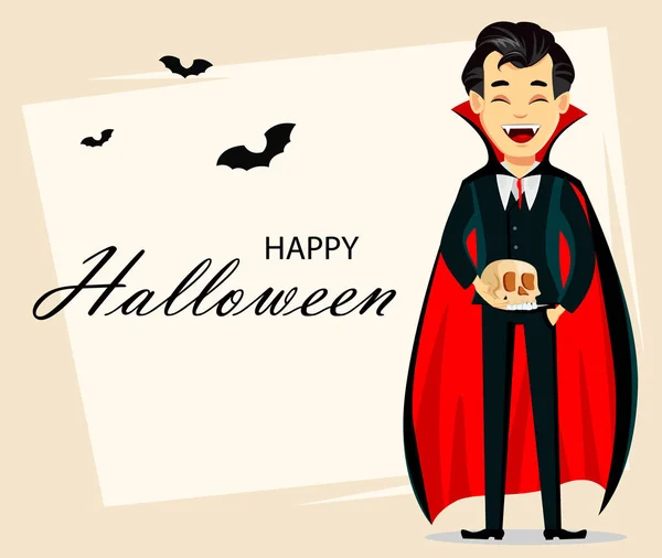 Happy Halloween Wenskaart Uitnodiging Poster Flyer Vampier Holding Schedel Cartoon — Stockvector