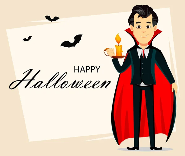 Feliz Tarjeta Felicitación Halloween Invitación Póster Folleto Vampiro Sosteniendo Vela — Vector de stock